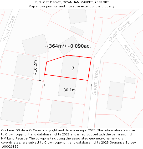 7, SHORT DROVE, DOWNHAM MARKET, PE38 9PT: Plot and title map