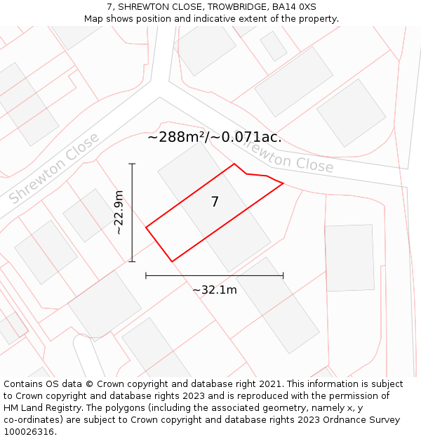 7, SHREWTON CLOSE, TROWBRIDGE, BA14 0XS: Plot and title map