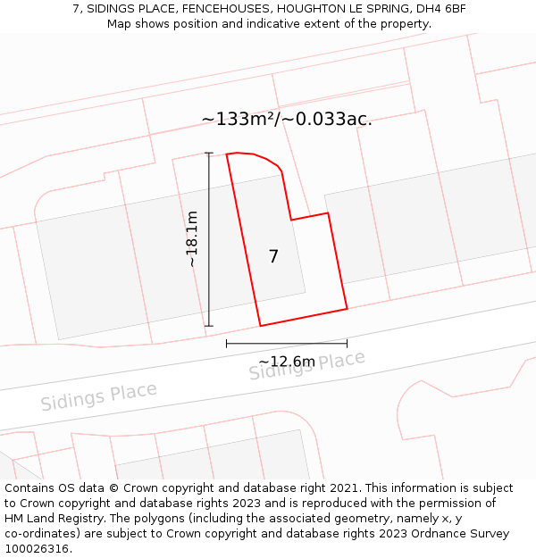 7, SIDINGS PLACE, FENCEHOUSES, HOUGHTON LE SPRING, DH4 6BF: Plot and title map