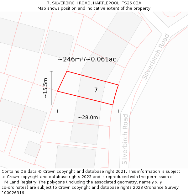 7, SILVERBIRCH ROAD, HARTLEPOOL, TS26 0BA: Plot and title map