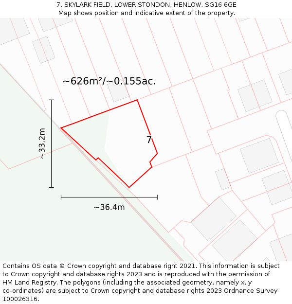 7, SKYLARK FIELD, LOWER STONDON, HENLOW, SG16 6GE: Plot and title map