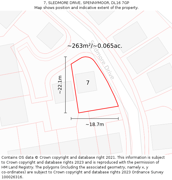 7, SLEDMORE DRIVE, SPENNYMOOR, DL16 7GP: Plot and title map