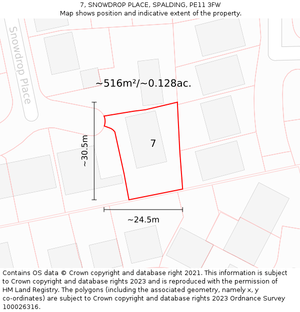 7, SNOWDROP PLACE, SPALDING, PE11 3FW: Plot and title map