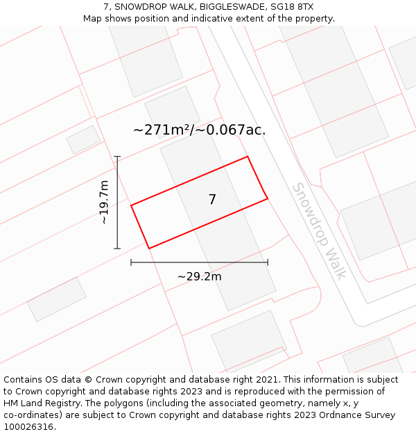 7, SNOWDROP WALK, BIGGLESWADE, SG18 8TX: Plot and title map