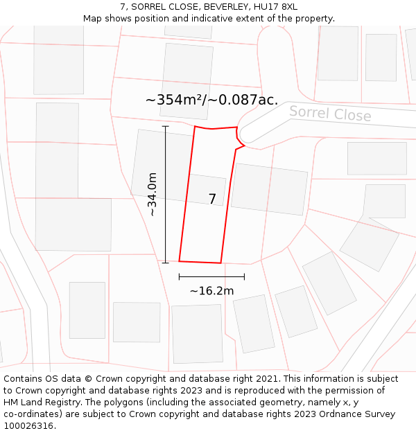 7, SORREL CLOSE, BEVERLEY, HU17 8XL: Plot and title map