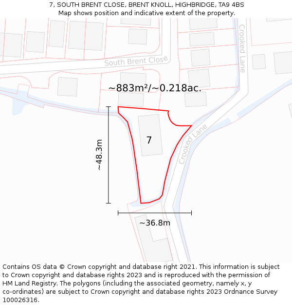 7, SOUTH BRENT CLOSE, BRENT KNOLL, HIGHBRIDGE, TA9 4BS: Plot and title map