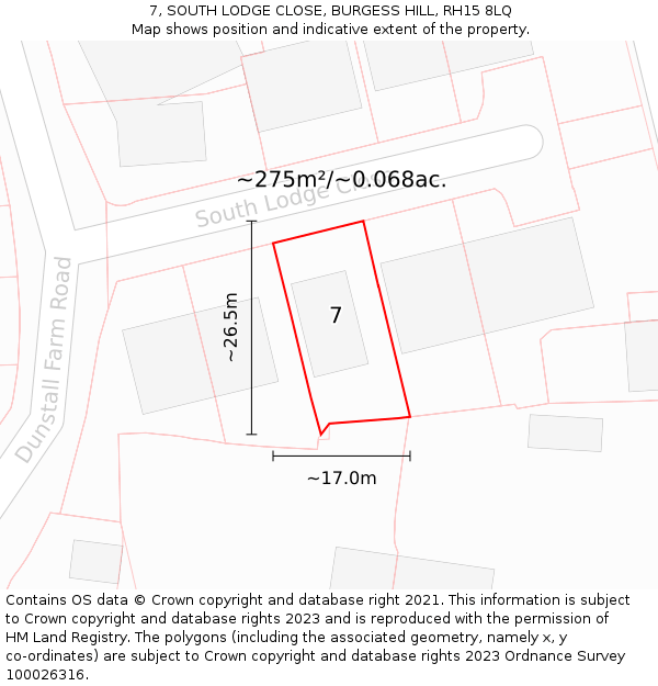 7, SOUTH LODGE CLOSE, BURGESS HILL, RH15 8LQ: Plot and title map