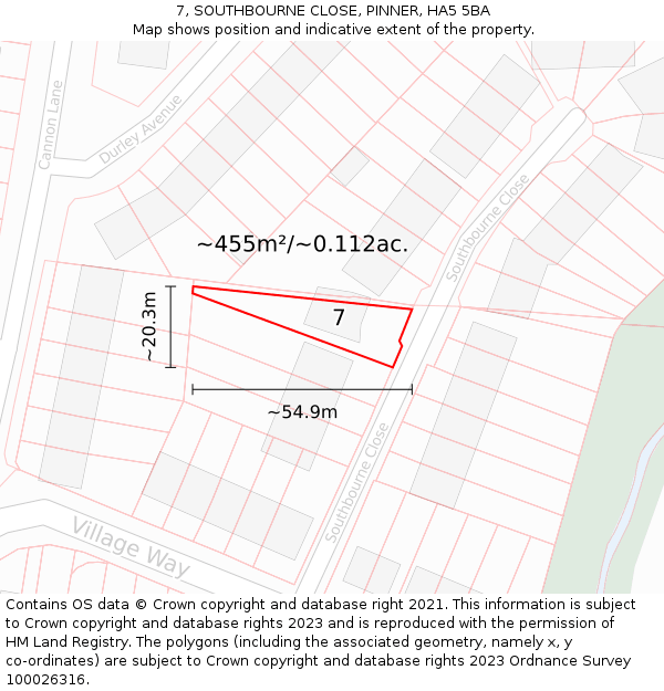 7, SOUTHBOURNE CLOSE, PINNER, HA5 5BA: Plot and title map