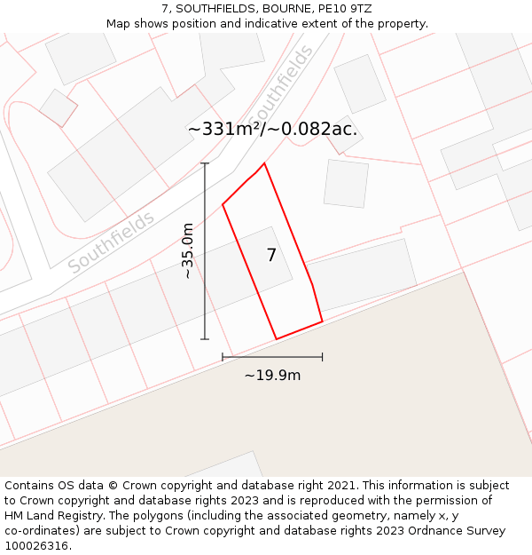 7, SOUTHFIELDS, BOURNE, PE10 9TZ: Plot and title map