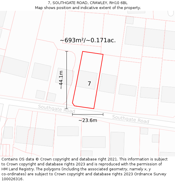 7, SOUTHGATE ROAD, CRAWLEY, RH10 6BL: Plot and title map