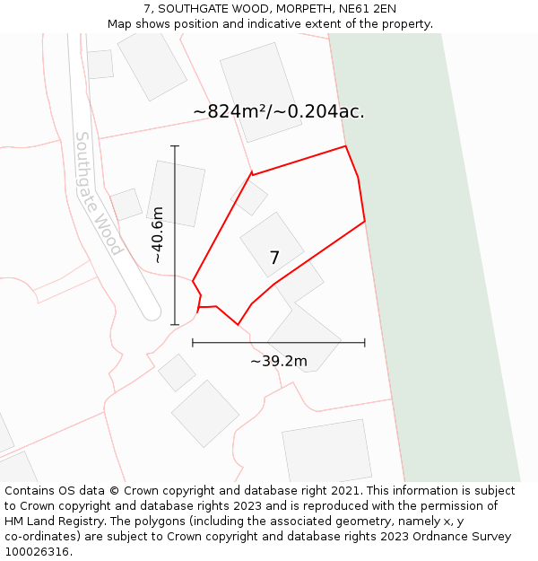 7, SOUTHGATE WOOD, MORPETH, NE61 2EN: Plot and title map