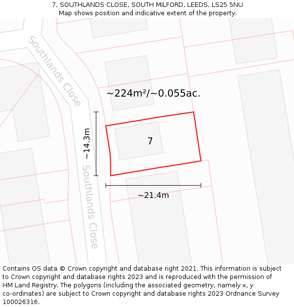 7, SOUTHLANDS CLOSE, SOUTH MILFORD, LEEDS, LS25 5NU: Plot and title map