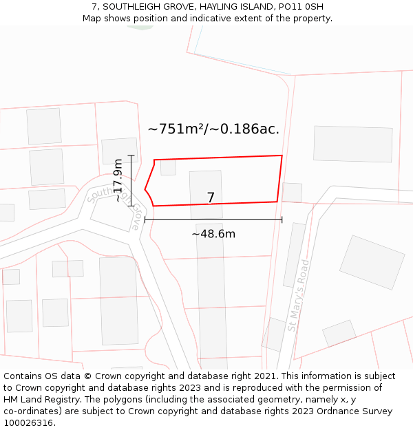 7, SOUTHLEIGH GROVE, HAYLING ISLAND, PO11 0SH: Plot and title map