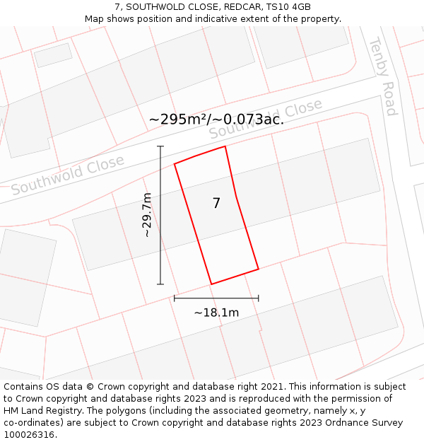 7, SOUTHWOLD CLOSE, REDCAR, TS10 4GB: Plot and title map