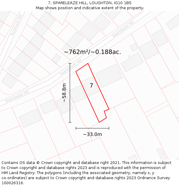 7, SPARELEAZE HILL, LOUGHTON, IG10 1BS: Plot and title map