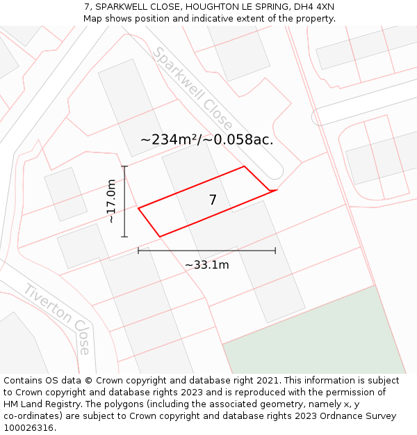 7, SPARKWELL CLOSE, HOUGHTON LE SPRING, DH4 4XN: Plot and title map