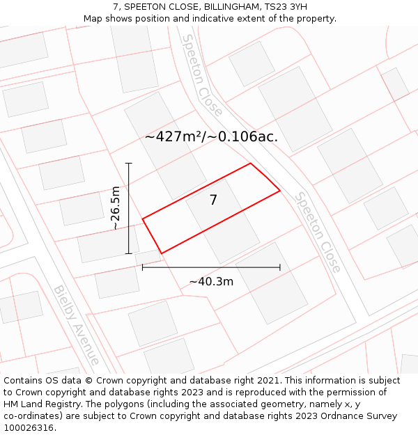 7, SPEETON CLOSE, BILLINGHAM, TS23 3YH: Plot and title map