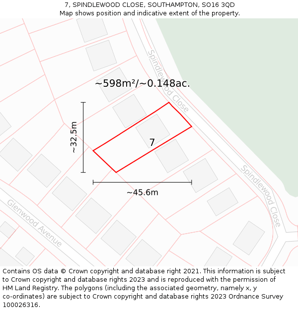 7, SPINDLEWOOD CLOSE, SOUTHAMPTON, SO16 3QD: Plot and title map