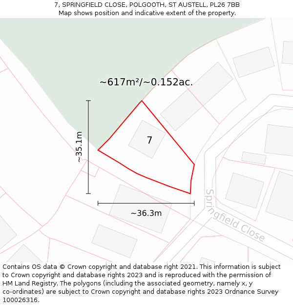 7, SPRINGFIELD CLOSE, POLGOOTH, ST AUSTELL, PL26 7BB: Plot and title map