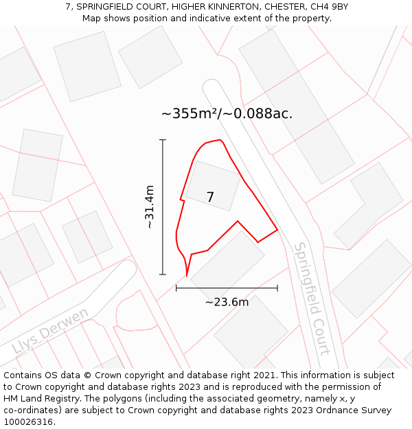 7, SPRINGFIELD COURT, HIGHER KINNERTON, CHESTER, CH4 9BY: Plot and title map