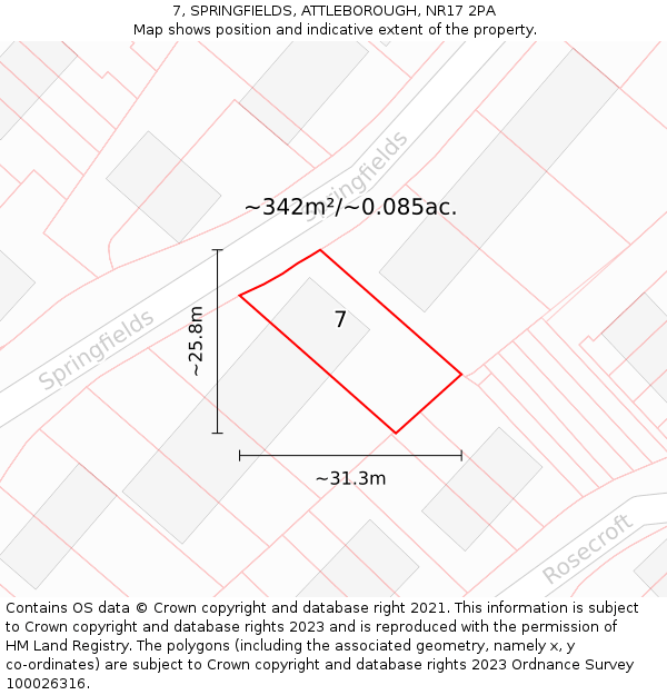 7, SPRINGFIELDS, ATTLEBOROUGH, NR17 2PA: Plot and title map