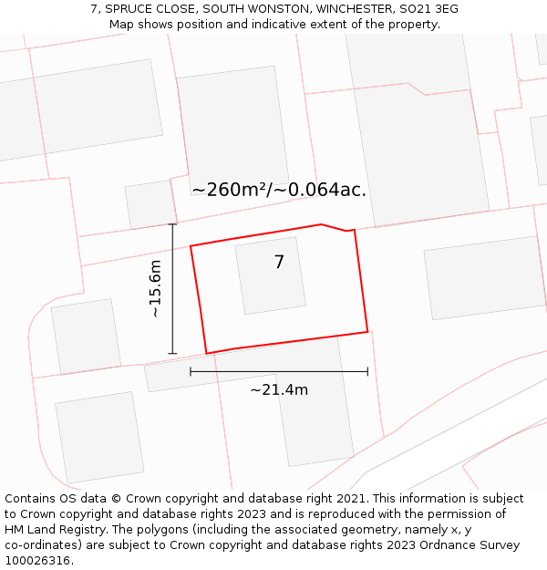 7, SPRUCE CLOSE, SOUTH WONSTON, WINCHESTER, SO21 3EG: Plot and title map