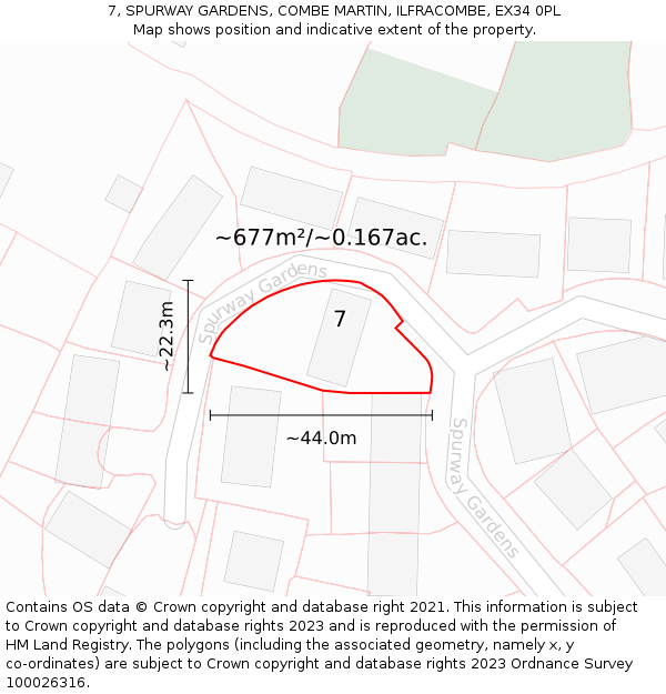 7, SPURWAY GARDENS, COMBE MARTIN, ILFRACOMBE, EX34 0PL: Plot and title map