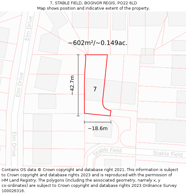 7, STABLE FIELD, BOGNOR REGIS, PO22 6LD: Plot and title map