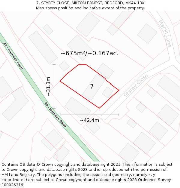 7, STAREY CLOSE, MILTON ERNEST, BEDFORD, MK44 1RX: Plot and title map