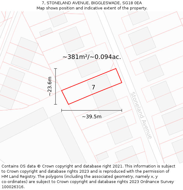 7, STONELAND AVENUE, BIGGLESWADE, SG18 0EA: Plot and title map