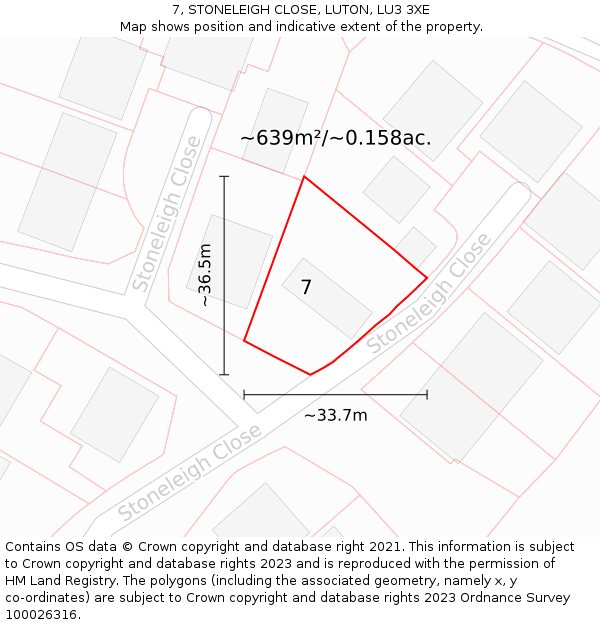 7, STONELEIGH CLOSE, LUTON, LU3 3XE: Plot and title map