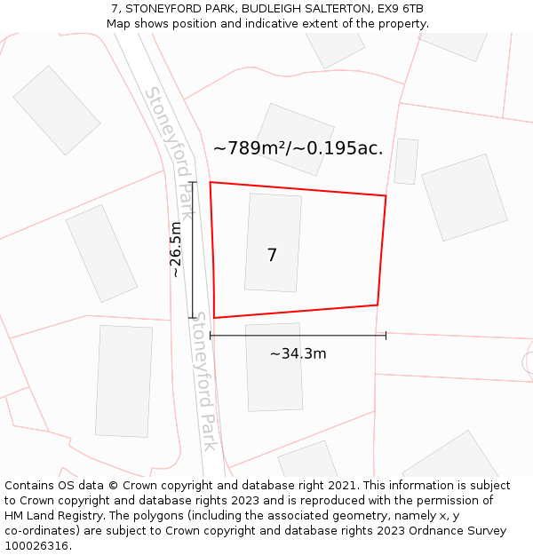 7, STONEYFORD PARK, BUDLEIGH SALTERTON, EX9 6TB: Plot and title map