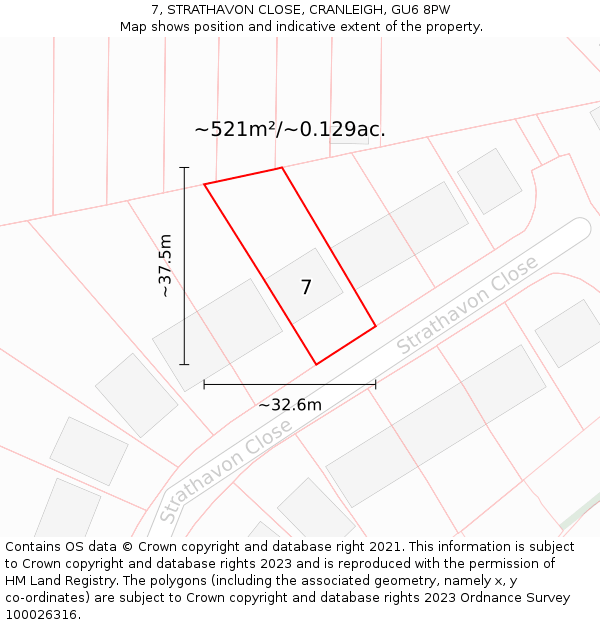 7, STRATHAVON CLOSE, CRANLEIGH, GU6 8PW: Plot and title map