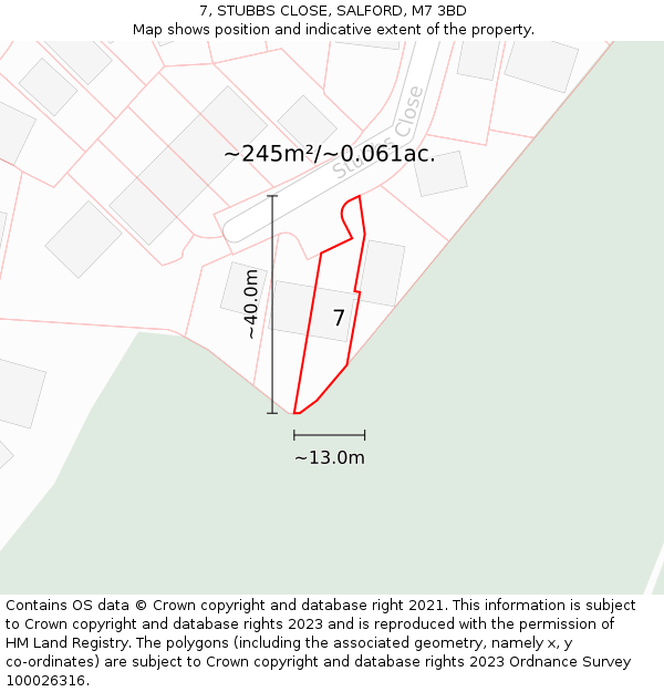 7, STUBBS CLOSE, SALFORD, M7 3BD: Plot and title map