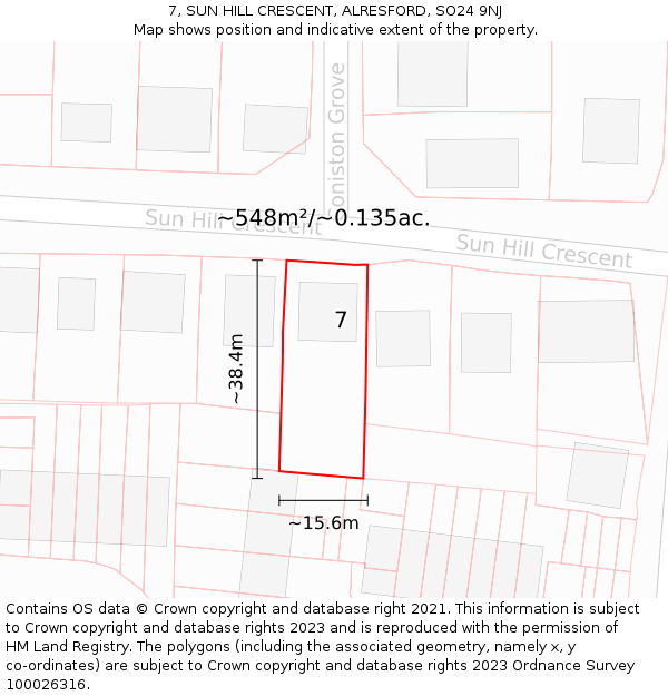 7, SUN HILL CRESCENT, ALRESFORD, SO24 9NJ: Plot and title map