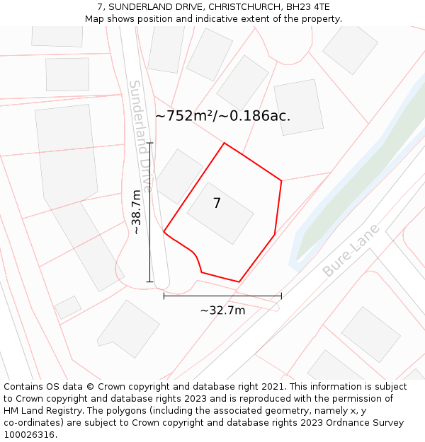 7, SUNDERLAND DRIVE, CHRISTCHURCH, BH23 4TE: Plot and title map