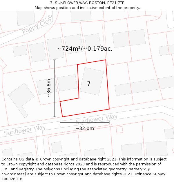 7, SUNFLOWER WAY, BOSTON, PE21 7TE: Plot and title map