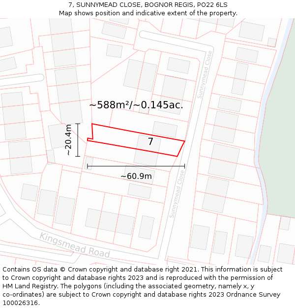 7, SUNNYMEAD CLOSE, BOGNOR REGIS, PO22 6LS: Plot and title map