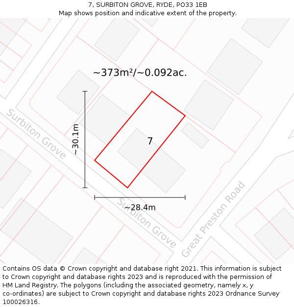 7, SURBITON GROVE, RYDE, PO33 1EB: Plot and title map