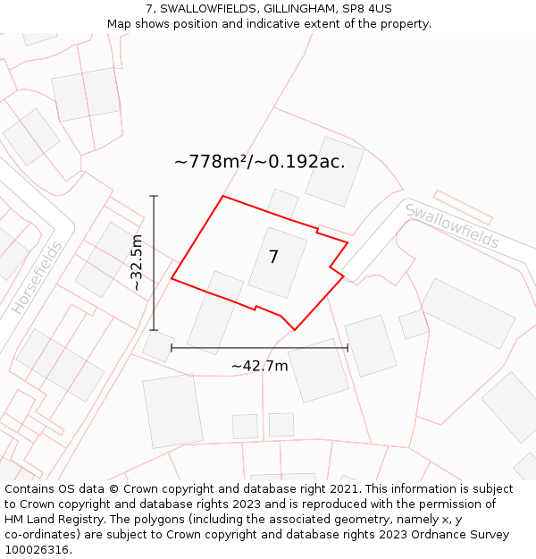 7, SWALLOWFIELDS, GILLINGHAM, SP8 4US: Plot and title map