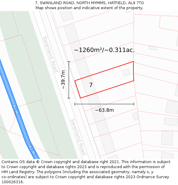 7, SWANLAND ROAD, NORTH MYMMS, HATFIELD, AL9 7TG: Plot and title map