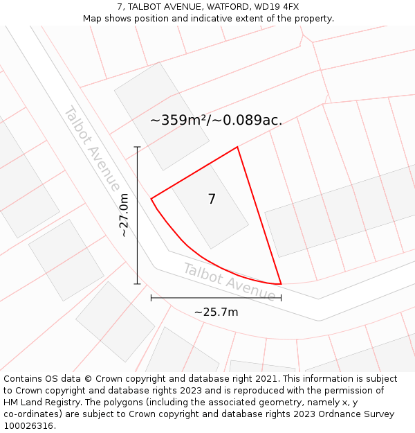 7, TALBOT AVENUE, WATFORD, WD19 4FX: Plot and title map