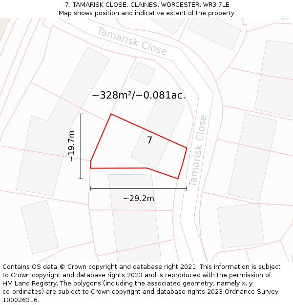 7, TAMARISK CLOSE, CLAINES, WORCESTER, WR3 7LE: Plot and title map