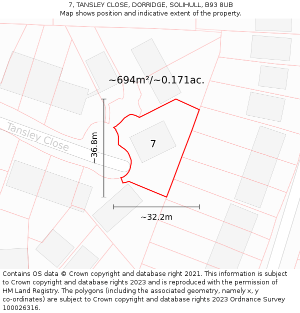 7, TANSLEY CLOSE, DORRIDGE, SOLIHULL, B93 8UB: Plot and title map