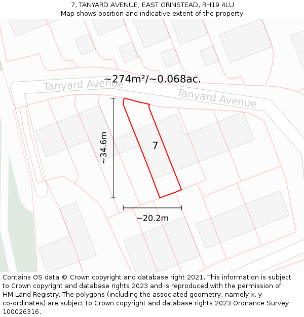 7, TANYARD AVENUE, EAST GRINSTEAD, RH19 4LU: Plot and title map