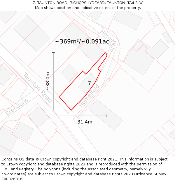 7, TAUNTON ROAD, BISHOPS LYDEARD, TAUNTON, TA4 3LW: Plot and title map