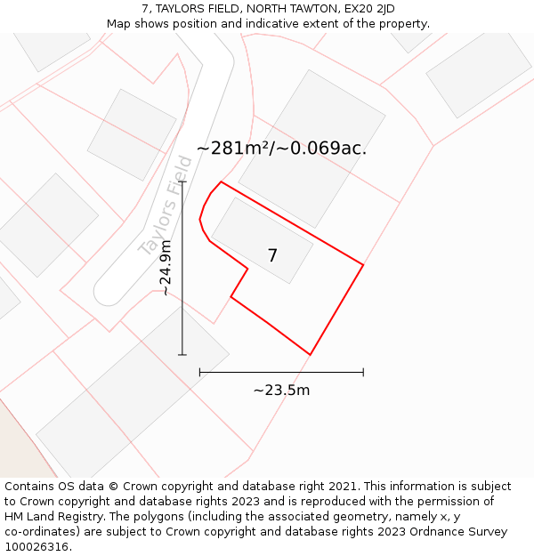 7, TAYLORS FIELD, NORTH TAWTON, EX20 2JD: Plot and title map