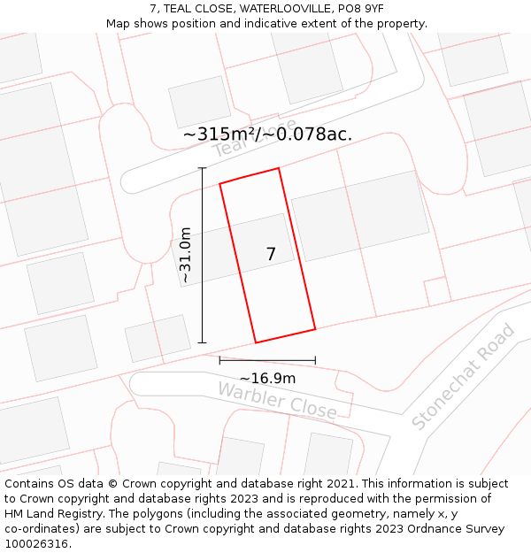 7, TEAL CLOSE, WATERLOOVILLE, PO8 9YF: Plot and title map