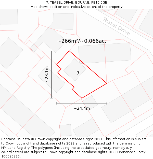 7, TEASEL DRIVE, BOURNE, PE10 0GB: Plot and title map