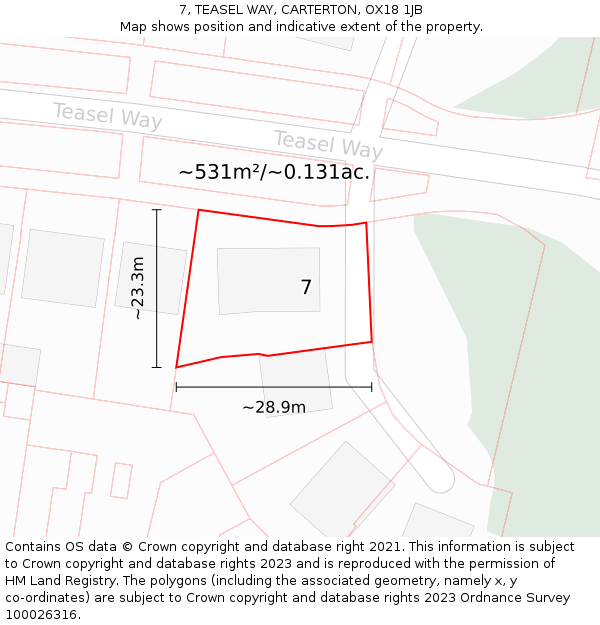 7, TEASEL WAY, CARTERTON, OX18 1JB: Plot and title map